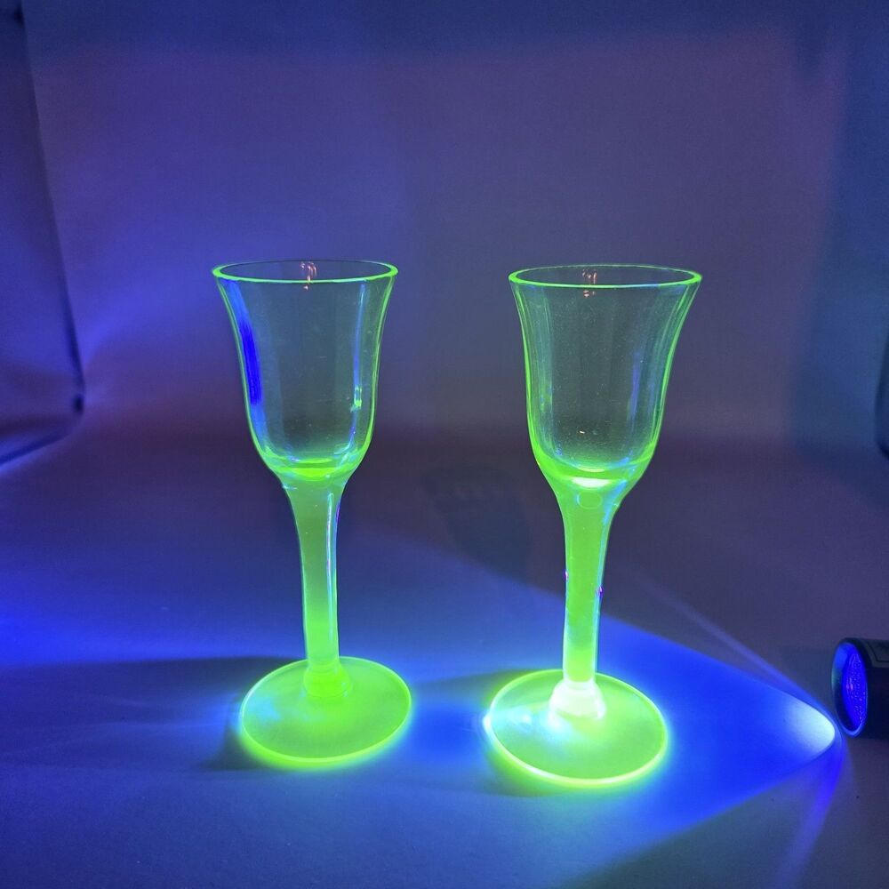 VTG Uranium Glass Liqueur Cordial Goblets Green Glow Set 2